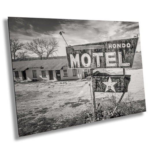 Hondo Motel Neon Sign Art - Black & White Photography for Texas Roadside Wall Decor, Retro Home Decor
