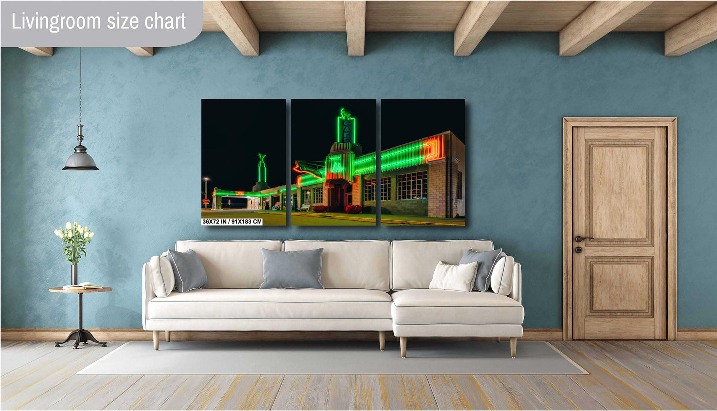 Route 66 Art Deco Gas Station Canvas - Retro U Drop Inn Conoco Tower Neon Wall Art, Texas Gift for Men & Women