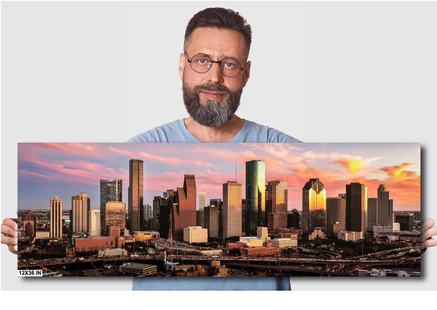 Houston Wall Art - Houston Skyline Sunset Panoramic Photo | Downtown Cityscape Print on Premium Photo Paper, Canvas, Acrylic & Metal