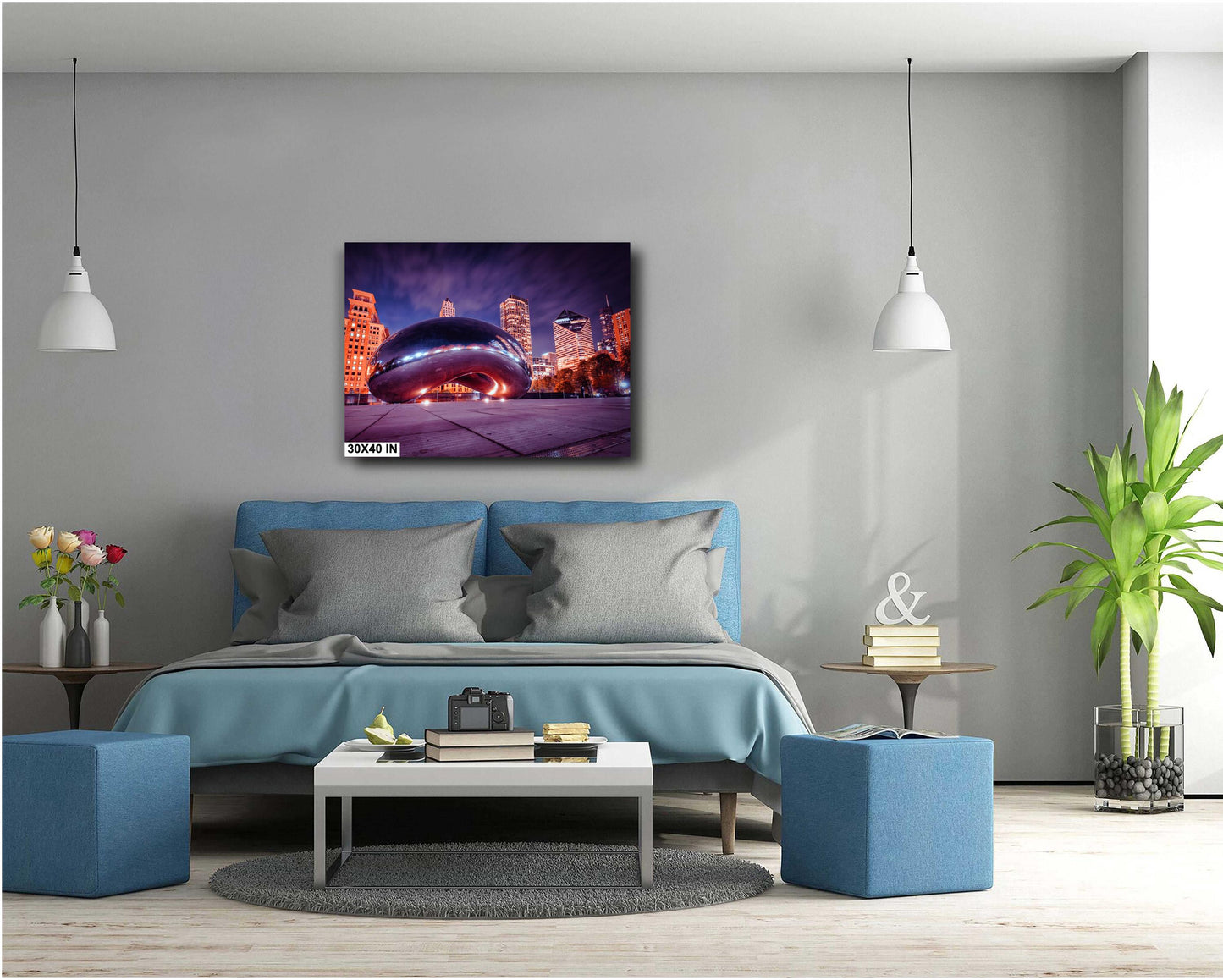 Illuminated Chicago Bean Cloud Gate Evening Cityscape Photography Wall Art - Large Canvas, Acrylic, Metal Print