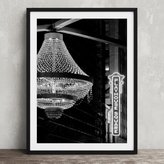 Playhouse Square Chandelier Print - Cleveland Wall Art | Black & White Night Photography