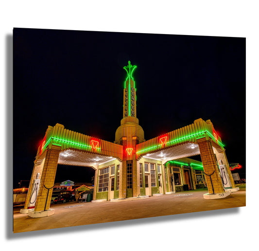 Route 66 Art Deco Gas Station Print: Vintage Conoco Tower Neon Sign Wall Decor for Car Enthusiasts