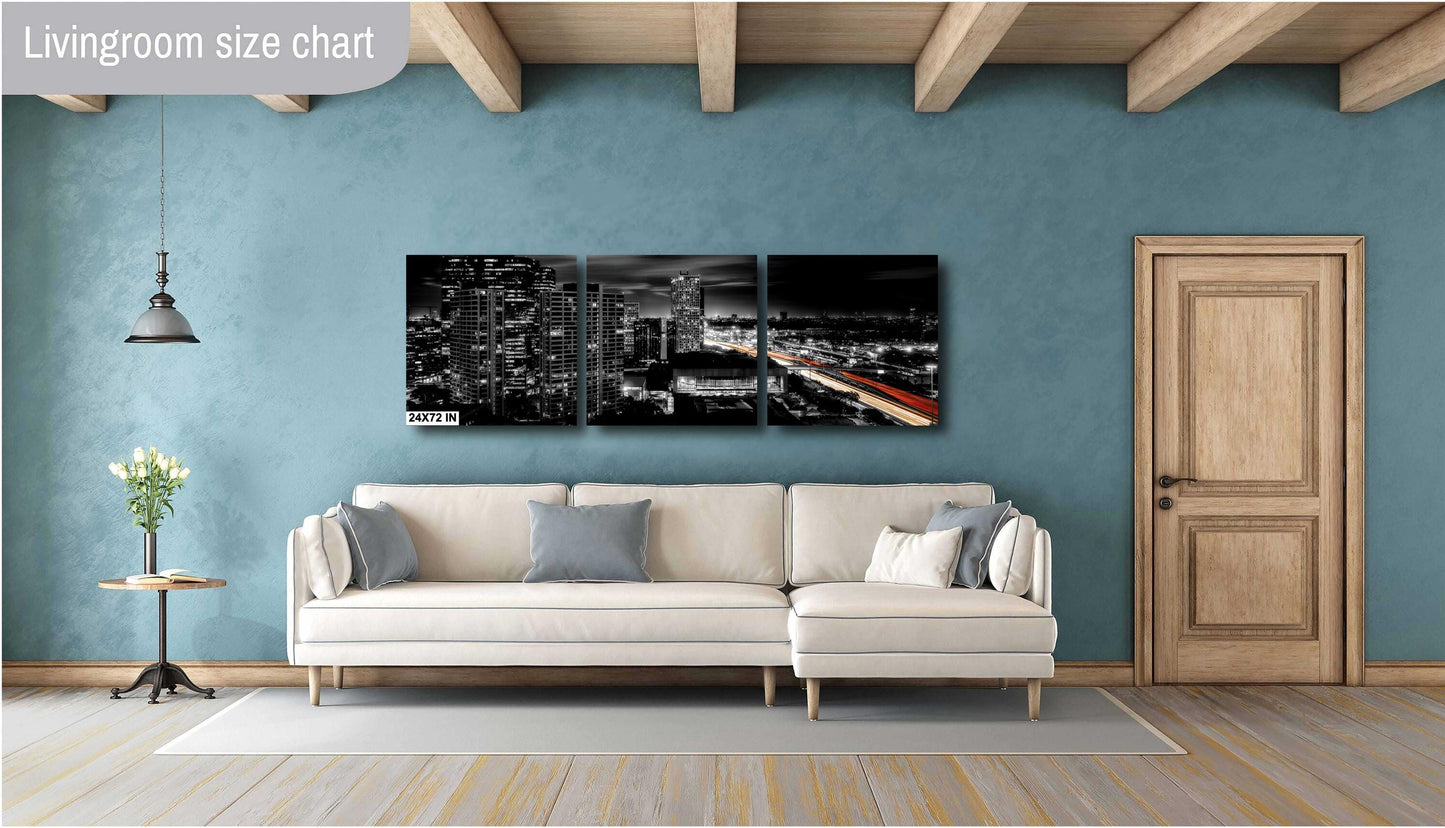 Houston Skyline Panoramic Night Photo | Cityscape with Lakewood Church & Light Trails | Urban Art Decor