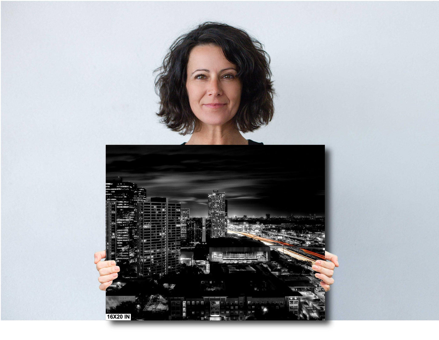 Houston Skyline Panoramic Night Photo | Cityscape with Lakewood Church & Light Trails | Urban Art Decor