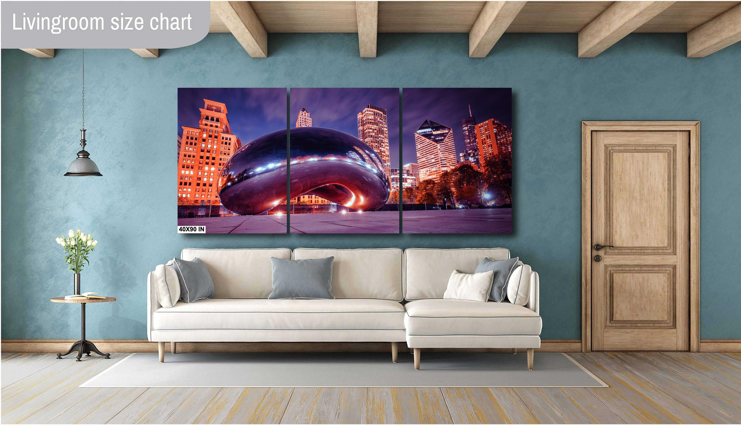 Illuminated Chicago Bean Cloud Gate Evening Cityscape Photography Wall Art - Large Canvas, Acrylic, Metal Print
