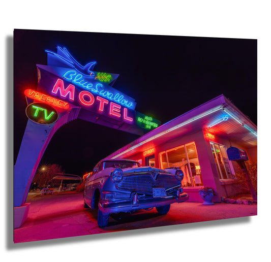 Vintage Blue Swallow Motel Route 66 Americana Photography - Neon Sign New Mexico Road Trip Wall Art