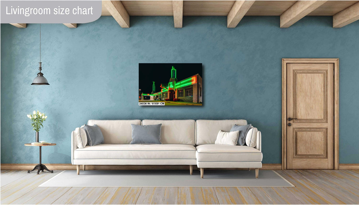 Route 66 Art Deco Gas Station Canvas - Retro U Drop Inn Conoco Tower Neon Wall Art, Texas Gift for Men & Women