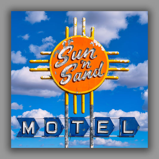 Route 66 Sign Art - Vintage Neon Sun 'N Sand Motel Photo in Santa Rosa, New Mexico | Choose Canvas, Acrylic, or Metal!