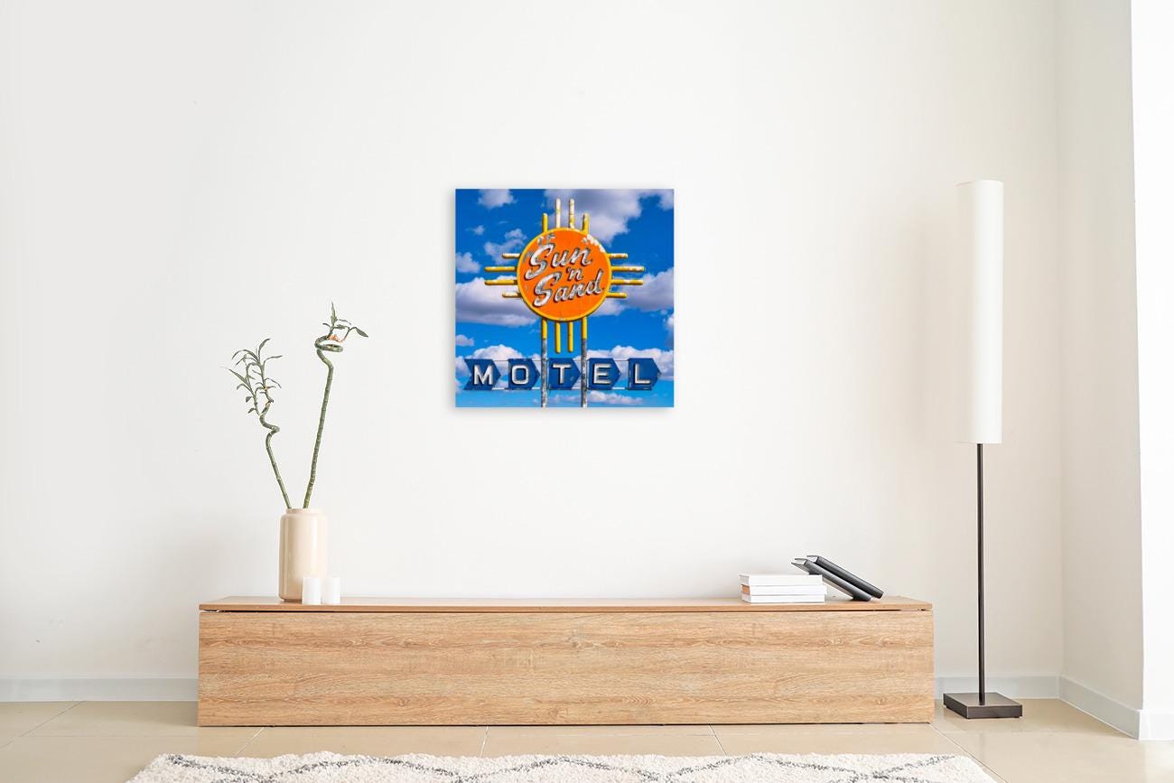 Route 66 Sign Art - Vintage Neon Sun 'N Sand Motel Photo in Santa Rosa, New Mexico | Choose Canvas, Acrylic, or Metal!