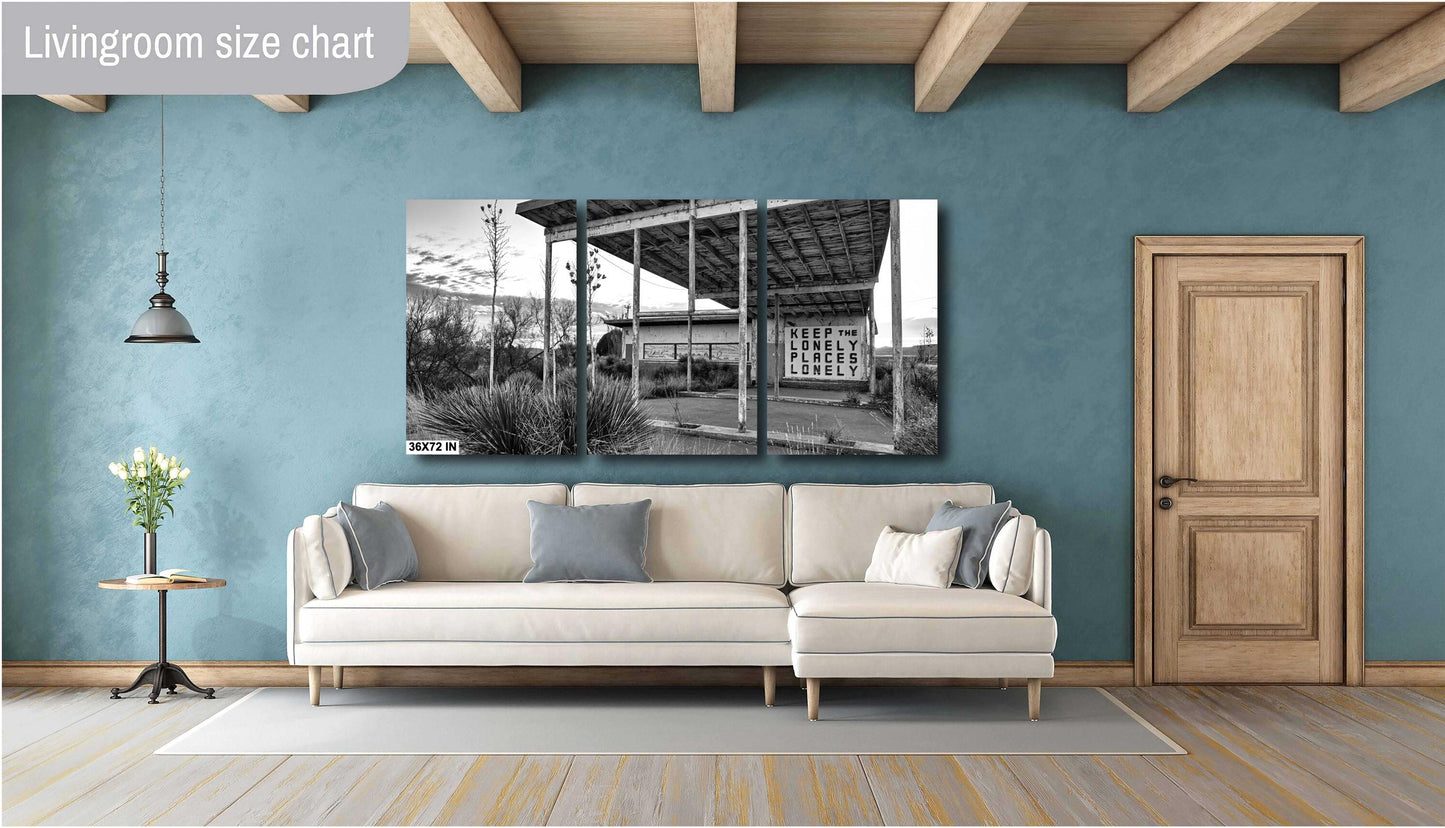 Black and White Decor - Abandoned Gas Station Mural: Black & White Texas Ghost Town Wall Art Print, Desert Americana Landscape Decor