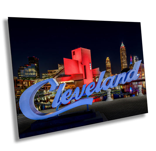 Cleveland Skyline at Night Art | Script Sign & Rock Hall Canvas, Metal Print | Downtown Ohio Cityscape Decor