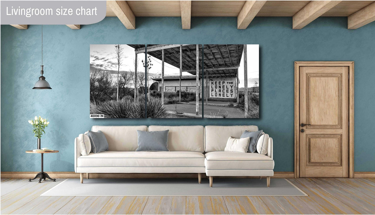Black and White Decor - Abandoned Gas Station Mural: Black & White Texas Ghost Town Wall Art Print, Desert Americana Landscape Decor