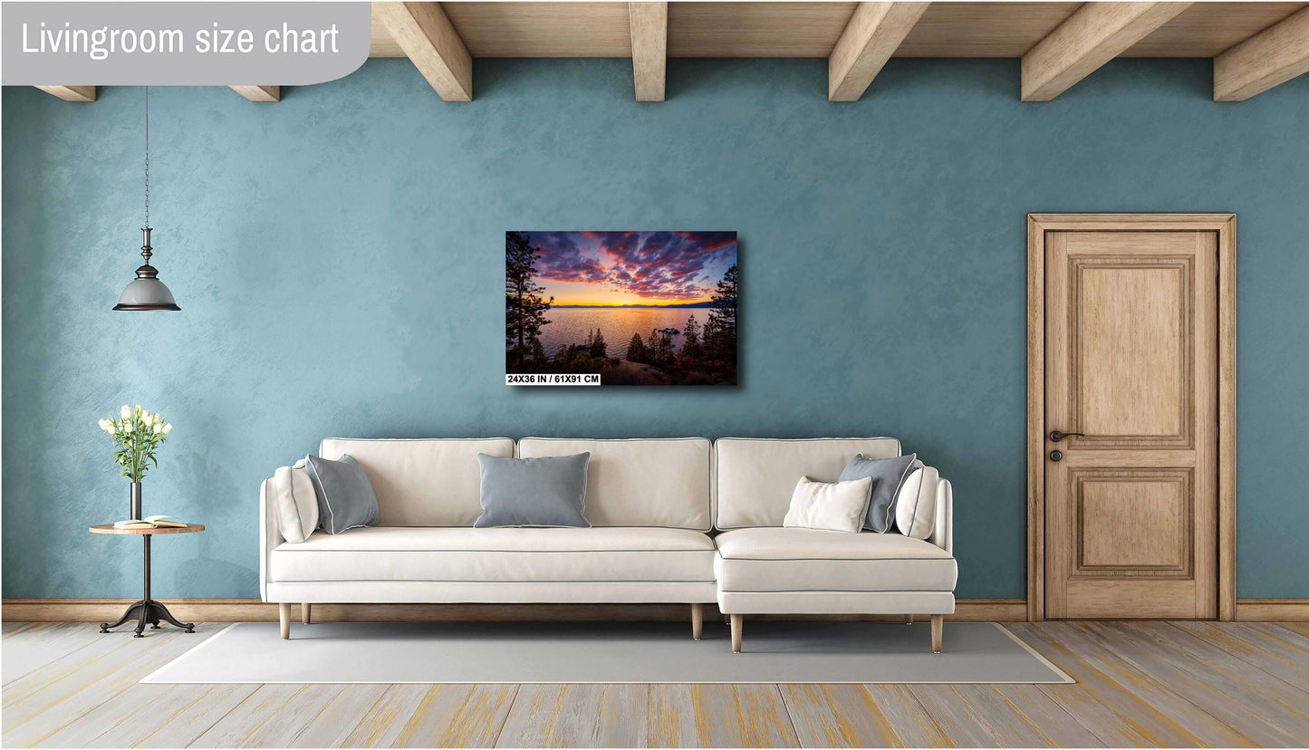 Lake Tahoe Print - Fiery Sunset Wall Art Photography on Photo Paper, Canvas & Metal – Mountain Landscape Decor, Nevada California Gift