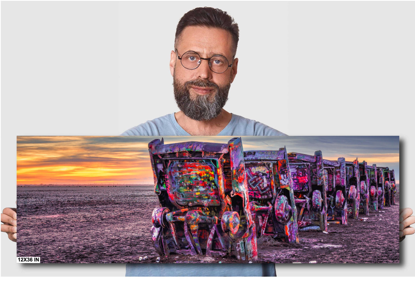 Cadillac Ranch Sunset Panorama | Route 66 Amarillo Texas Roadside Attraction Photography Print on Photo Paper, Canvas & Metal