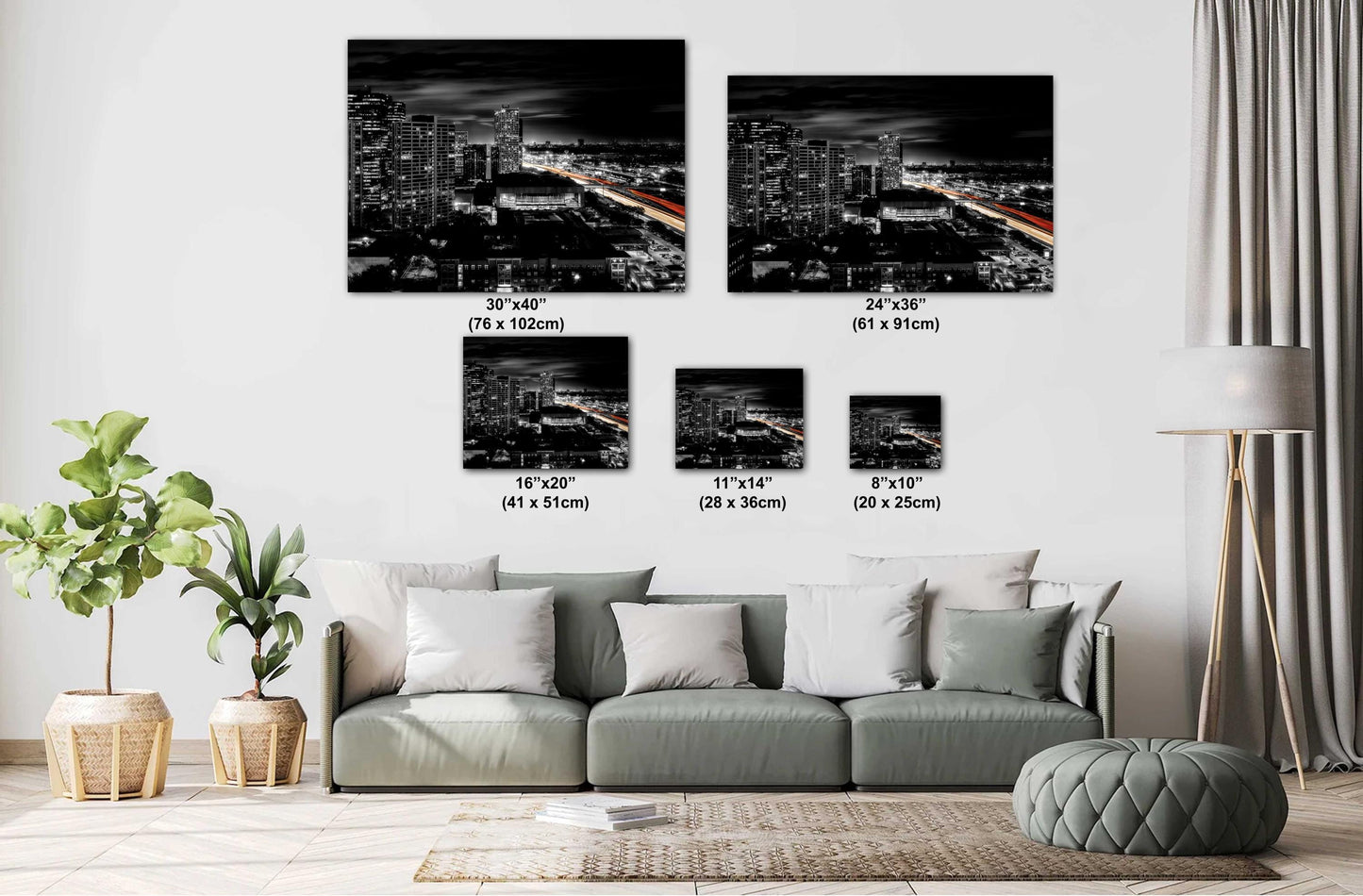 Houston Skyline Panoramic Night Photo | Cityscape with Lakewood Church & Light Trails | Urban Art Decor