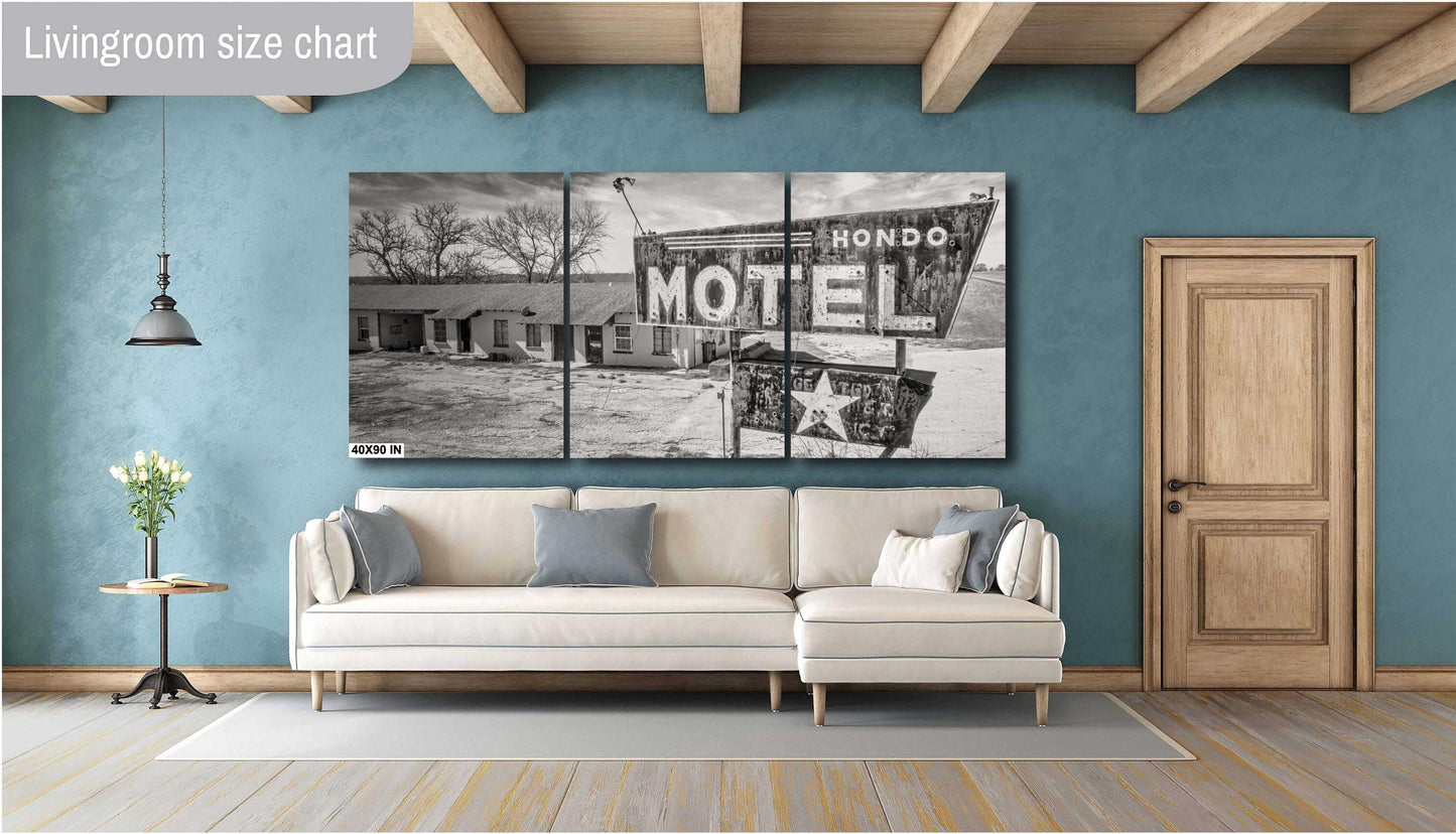 Hondo Motel Neon Sign Art - Black & White Photography for Texas Roadside Wall Decor, Retro Home Decor