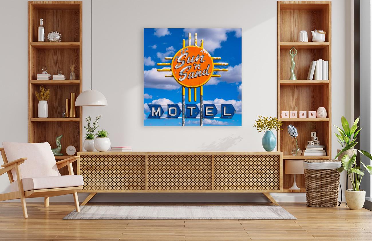 Route 66 Sign Art - Vintage Neon Sun 'N Sand Motel Photo in Santa Rosa, New Mexico | Choose Canvas, Acrylic, or Metal!