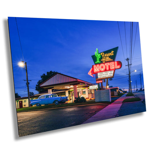 Tulsa Route 66 Vintage Motel Neon Sign Photography - Desert Hills Motel Wall Art Decor Print, Rustic Retro Boho Style Decor