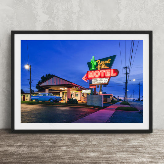 Route 66 Neon Sign Vintage Motel Art - Desert Hills Motel Print Wall Decor