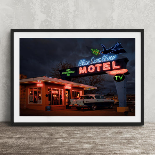 Blue Swallow Motel Print - Route 66 Wall Art | Vintage Neon Sign Decor