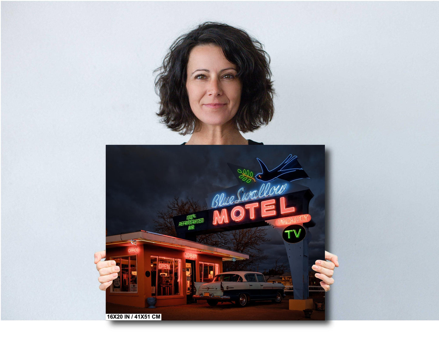 Blue Swallow Motel Vintage Route 66 Photography & Americana Neon Sign Wall Art for Travel Enthusiasts