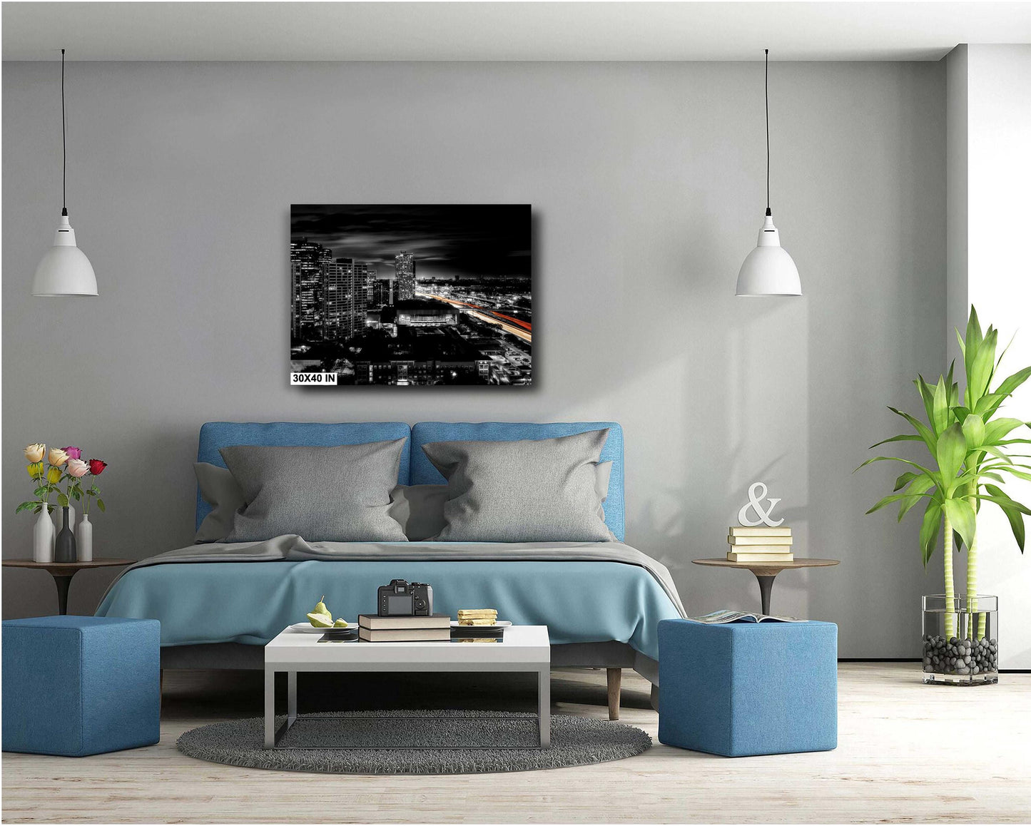 Houston Skyline Panoramic Night Photo | Cityscape with Lakewood Church & Light Trails | Urban Art Decor