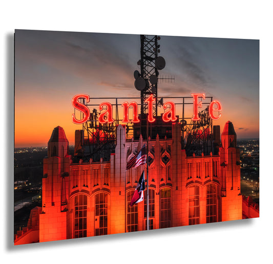 Historic Santa Fe Building Photo Print | Vintage Neon Sign Skyline Sunset | Premium Paper or Ready-to-Hang Canvas Art