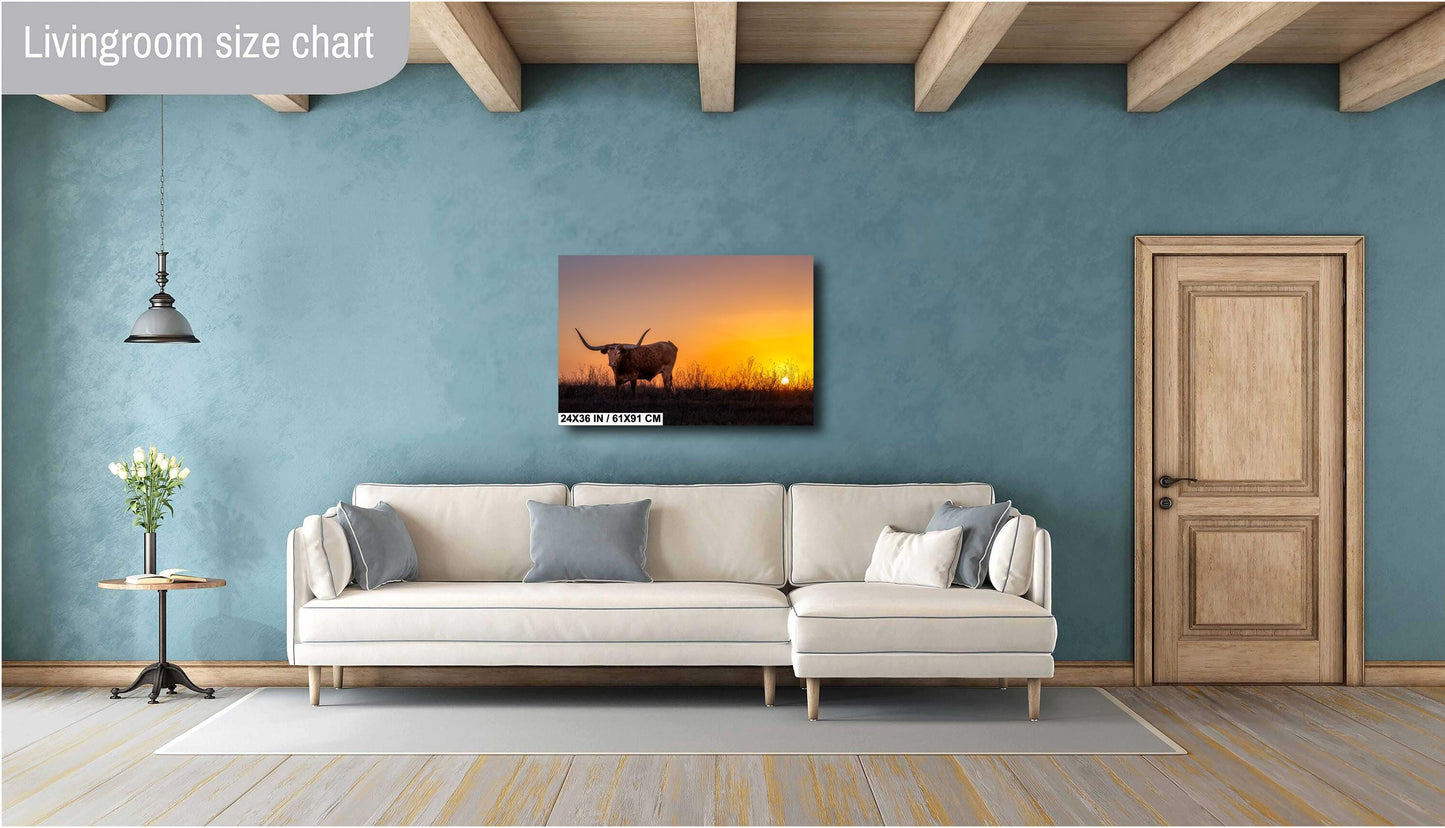 Texas Longhorn Steer at Sunset Wall Decor - Backroad Bull Photography on Premium Paper, Canvas, Acrylic, or Metal