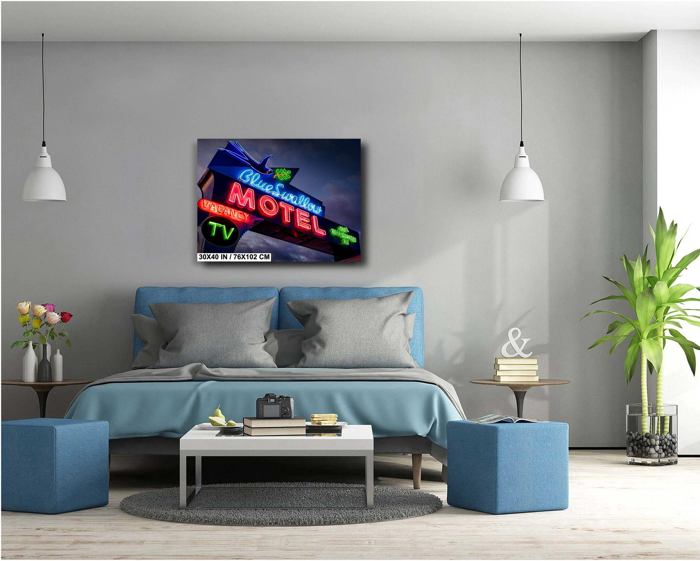 Route 66 Sign - Blue Swallow Motel Neon on Premium Photo Paper, or Ready-to-Hang Canvas, Acrylic, or Metal Decor