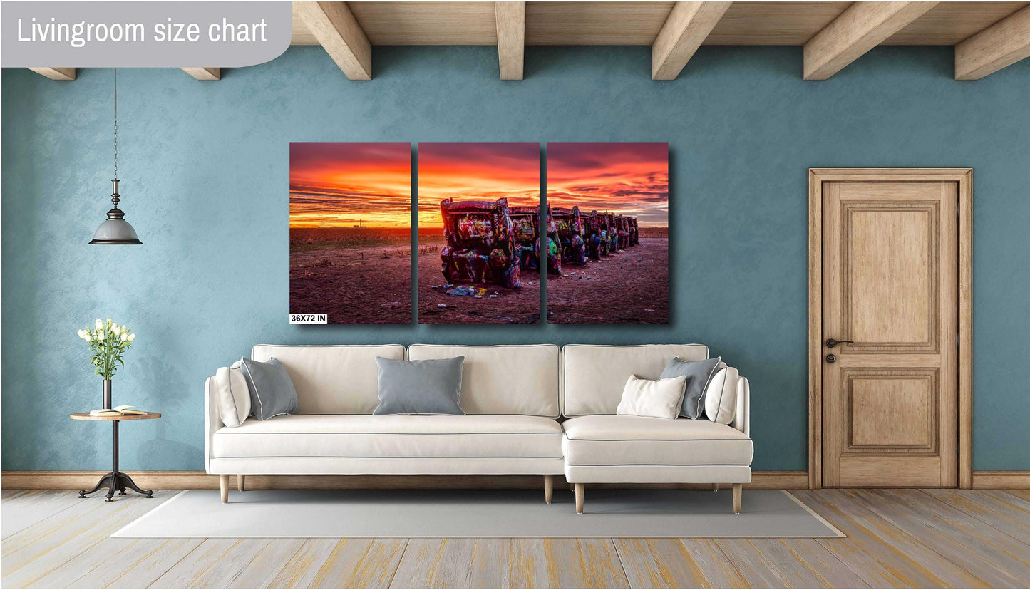 Retro Car Decor - Cadillac Ranch Sunset Print | Route 66 Amarillo Landscape Photography | Texas Americana Wall Art Decor