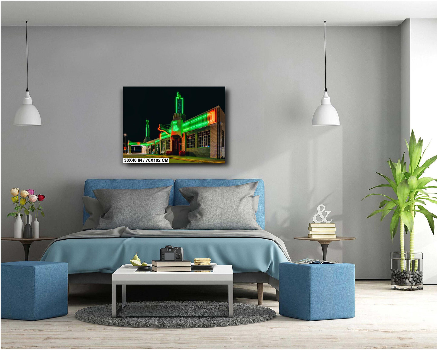 Route 66 Art Deco Gas Station Canvas - Retro U Drop Inn Conoco Tower Neon Wall Art, Texas Gift for Men & Women