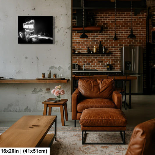 Route 66 Sign Art – Albuquerque Vintage Motel Neon Wall Decor | Black & White Photo