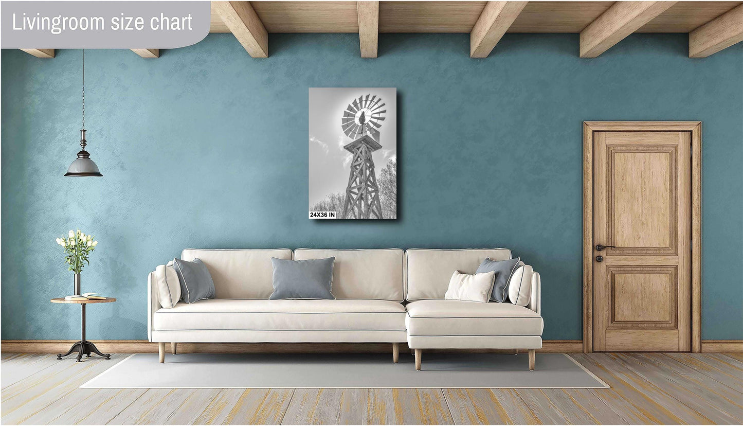 Farmhouse Wall Decor - Texas Windmill Black & White Print: Rustic Art, Country Landscape Decor on Photo Paper, Canvas, Acrylic or Metal