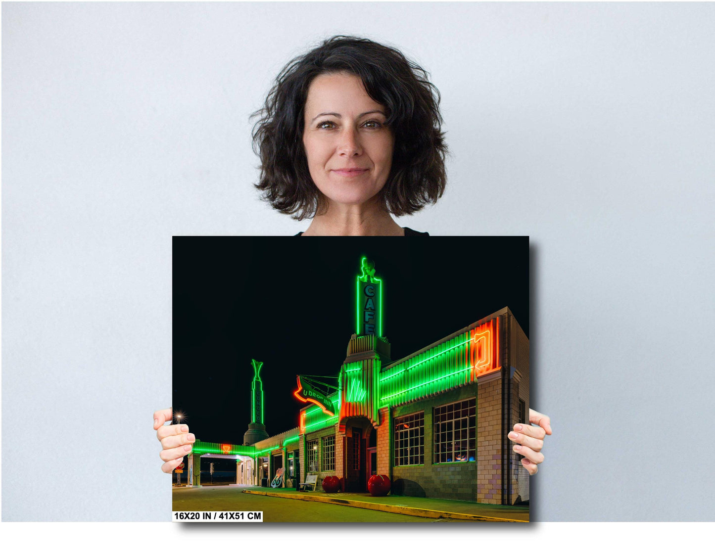Route 66 Art Deco Gas Station Canvas - Retro U Drop Inn Conoco Tower Neon Wall Art, Texas Gift for Men & Women