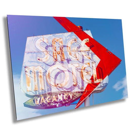 Vintage Route 66 Motel Neon Sign Photography - Sage Motel Needles California Large Western Retro Wall Art Print for Rustic Boho Decor