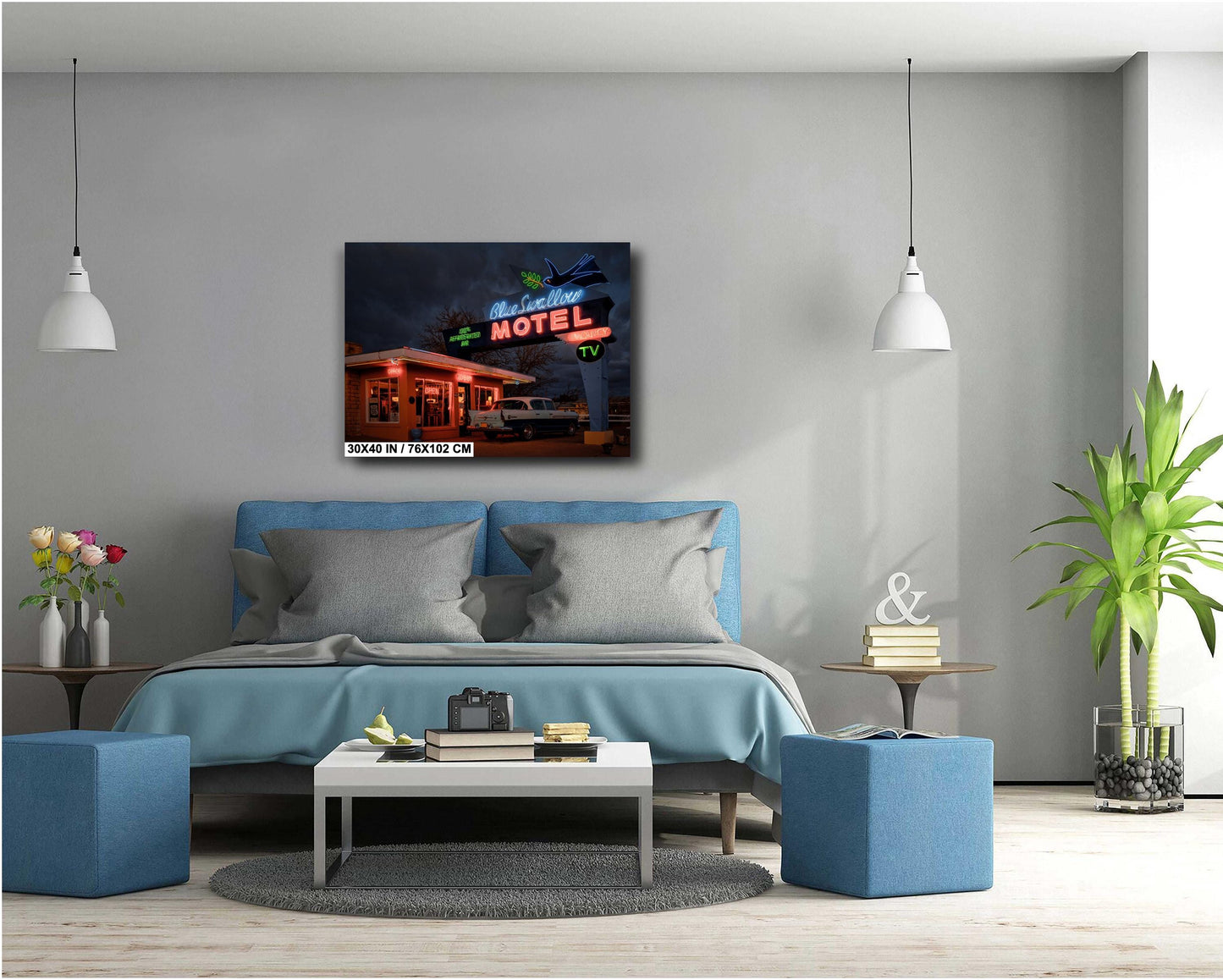 Blue Swallow Motel Vintage Route 66 Photography & Americana Neon Sign Wall Art for Travel Enthusiasts