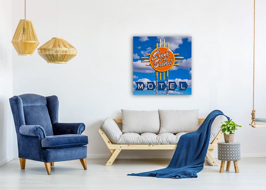 Route 66 Sign Art - Vintage Neon Sun 'N Sand Motel Photo in Santa Rosa, New Mexico | Choose Canvas, Acrylic, or Metal!