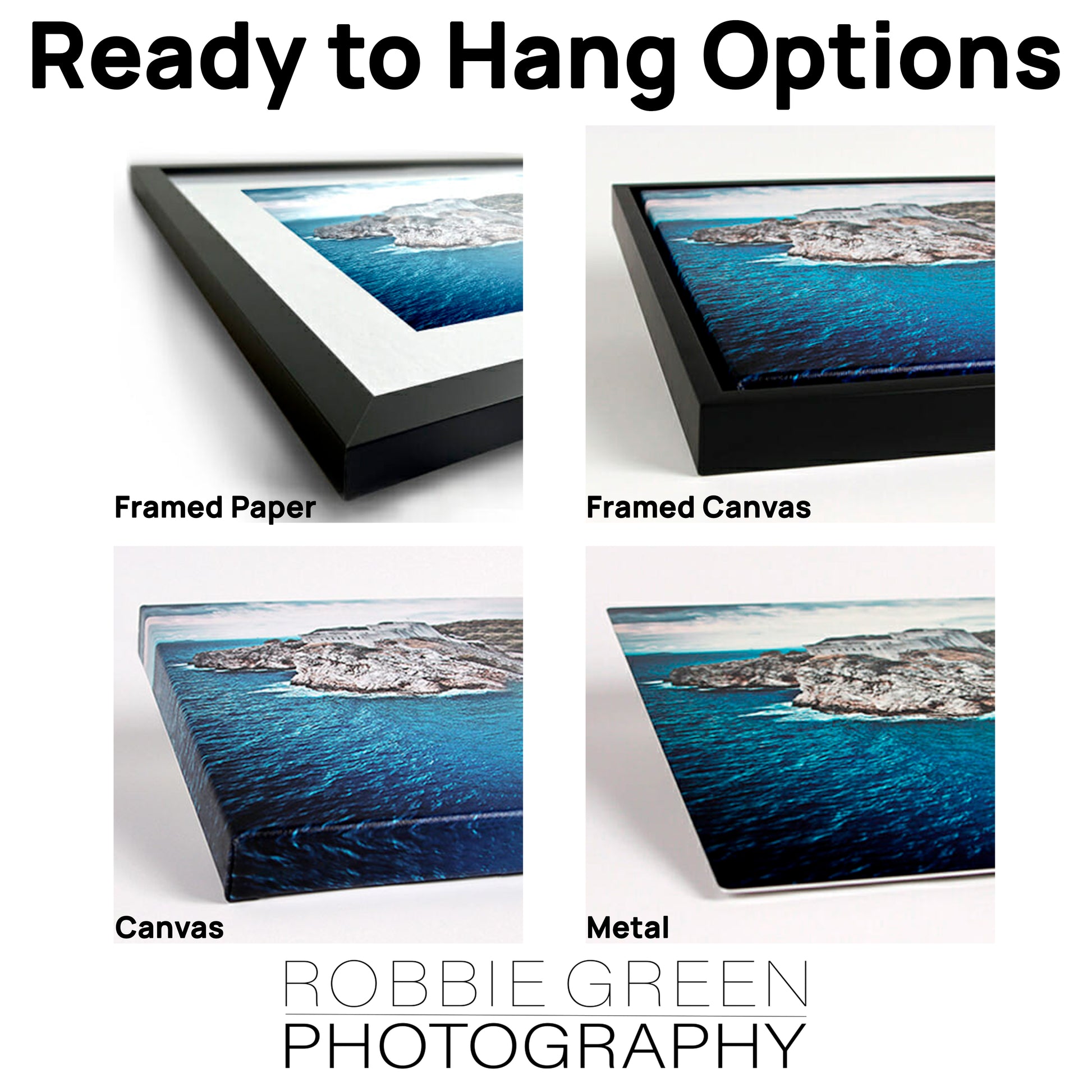 The image is a collage of four different framed options for a photograph of a coastal landscape, including framed paper, framed canvas, canvas, and metal.