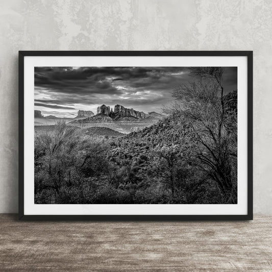 Cathedral Rock Print – Sedona Wall Art | Black and White Photography, Mountain Desert Scene
