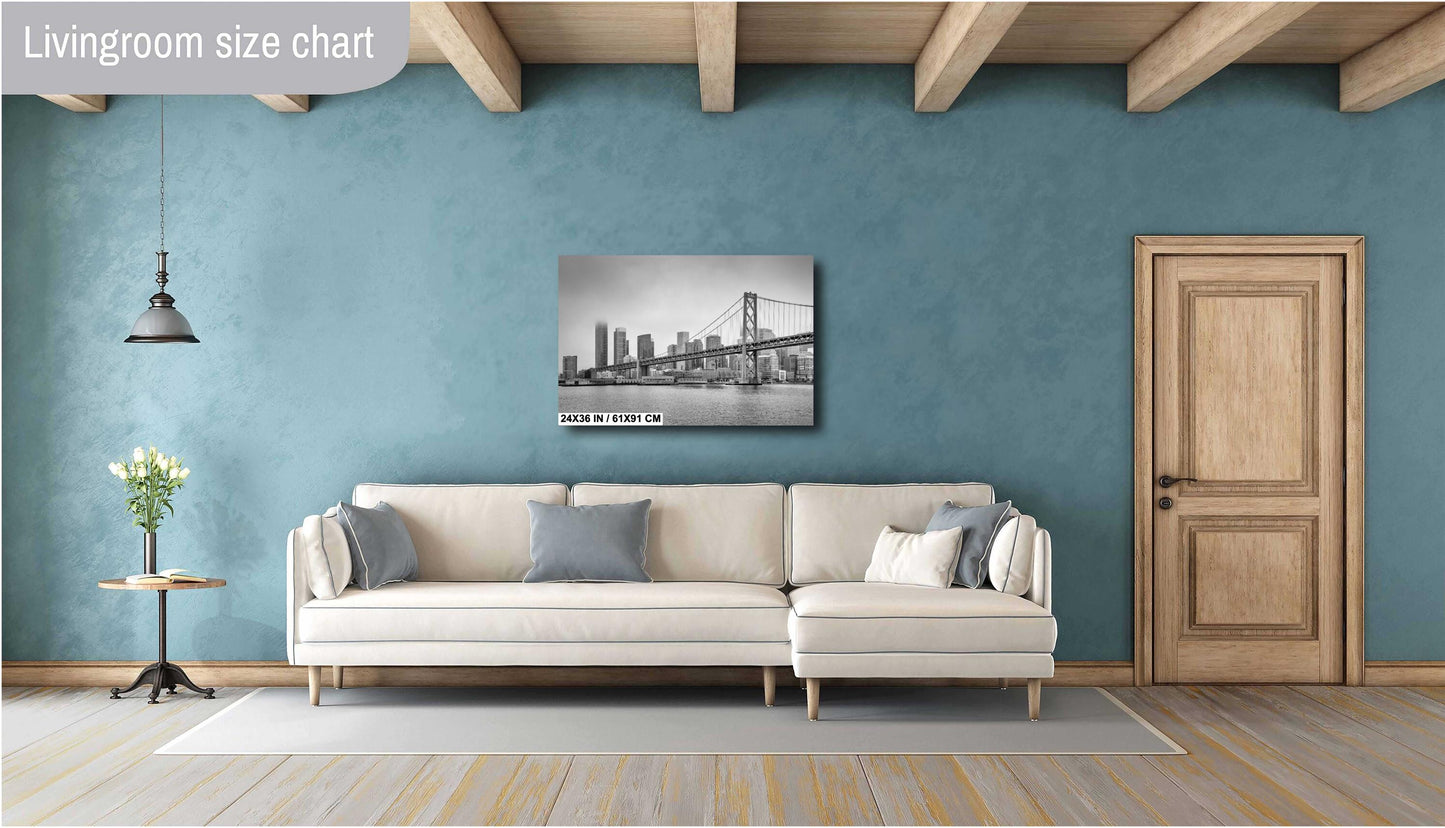 San Francisco Bay Bridge Wall Art Print, Black & White Urban Landscape Cityscape Decor, Modern Home Art % Gift Ideas