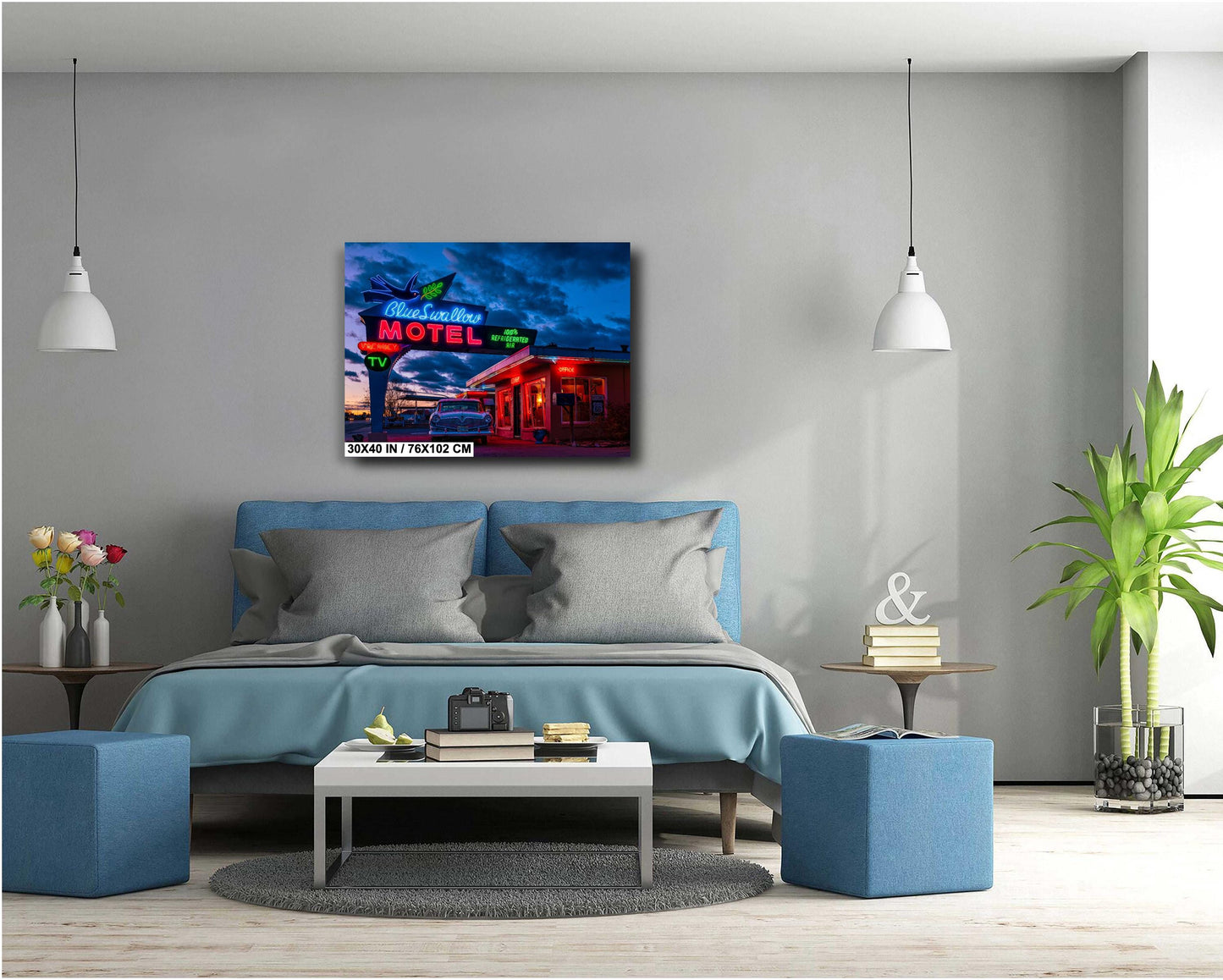 Route 66 Sign - Blue Swallow Motel - Iconic Route 66 Photo: Americana Neon Sign Photography Print - New Mexico Road Trip Wall Art