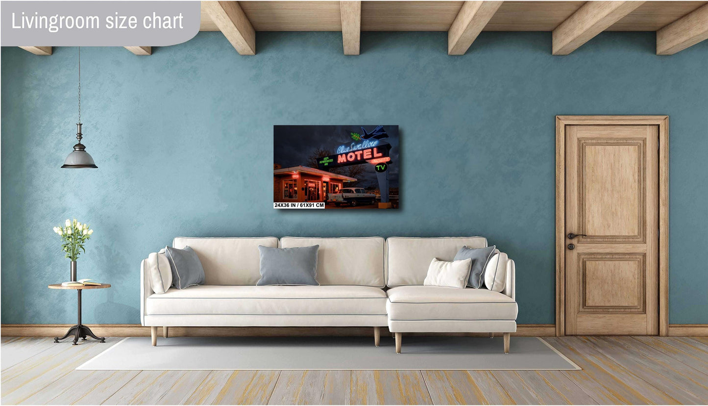 Blue Swallow Motel Vintage Route 66 Photography & Americana Neon Sign Wall Art for Travel Enthusiasts