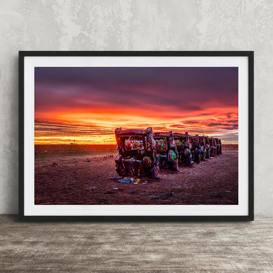 Cadillac Ranch Wall Art – Vibrant Texas Sunset Print | Route 66 Americana Decor