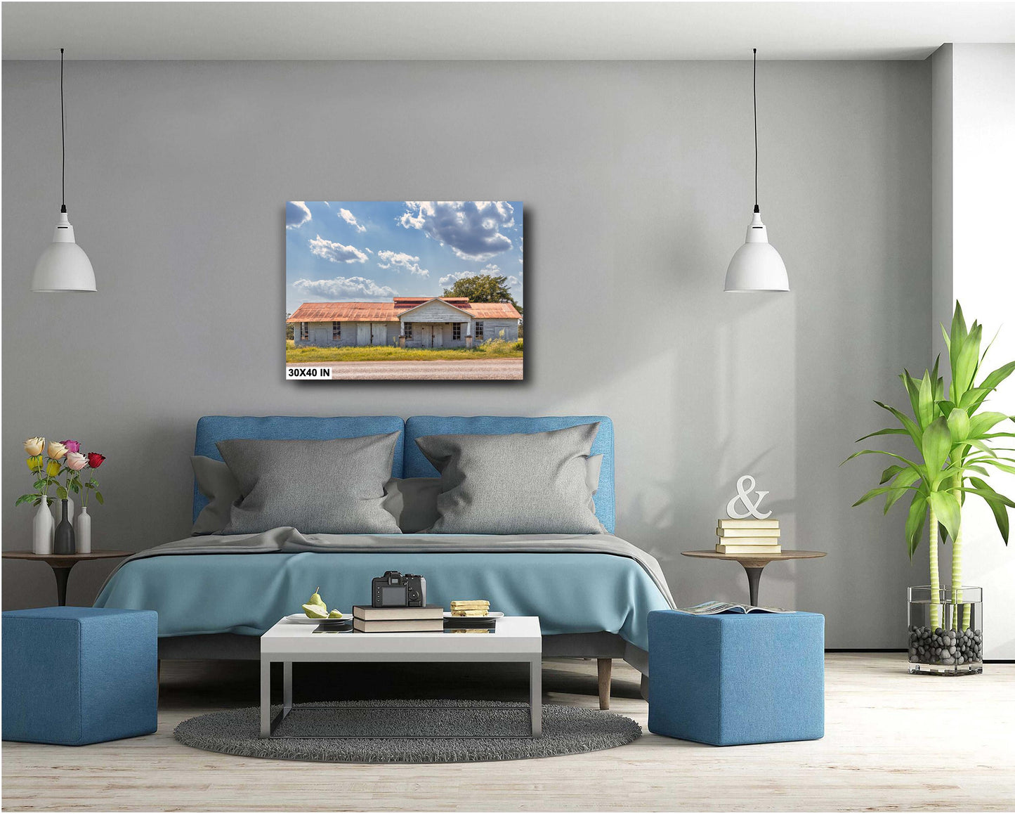 Modern Farmhouse Wall Art - Texas Barn Landscape Print - White Rustic Farmhouse Wall Art for Living Room, Office, Home Decor