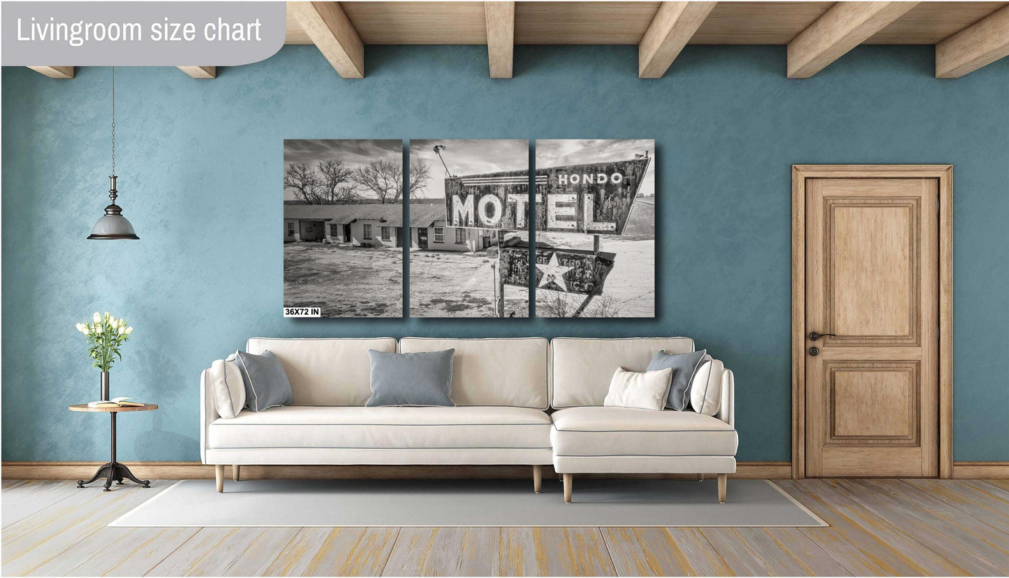 Hondo Motel Neon Sign Art - Black & White Photography for Texas Roadside Wall Decor, Retro Home Decor