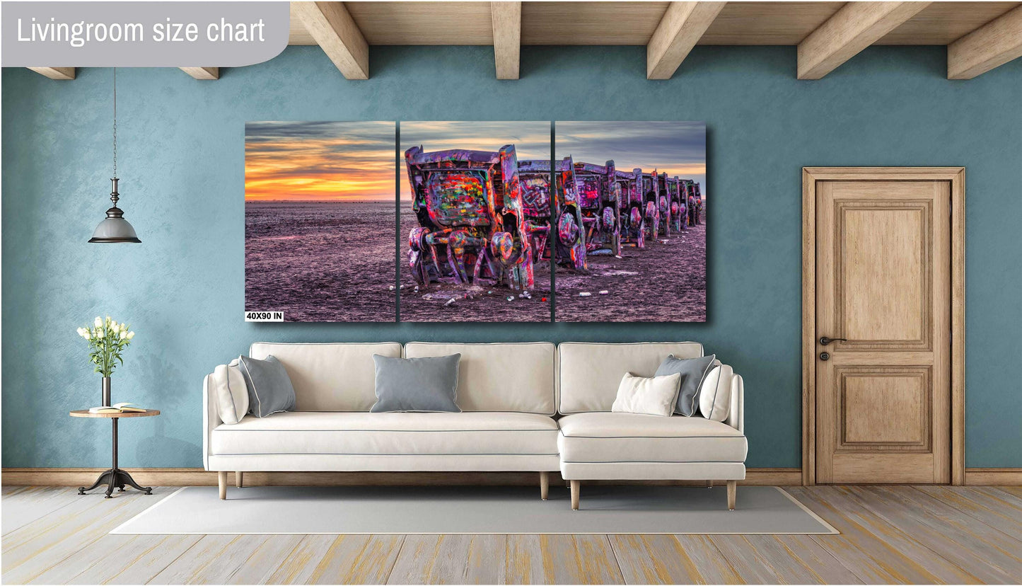 Cadillac Ranch Sunset Panorama | Route 66 Amarillo Texas Roadside Attraction Photography Print on Photo Paper, Canvas & Metal