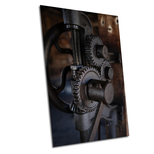 Vintage Blacksmith Shop Drill Press Photo | Industrial Gear Art Print for Man Cave Decor