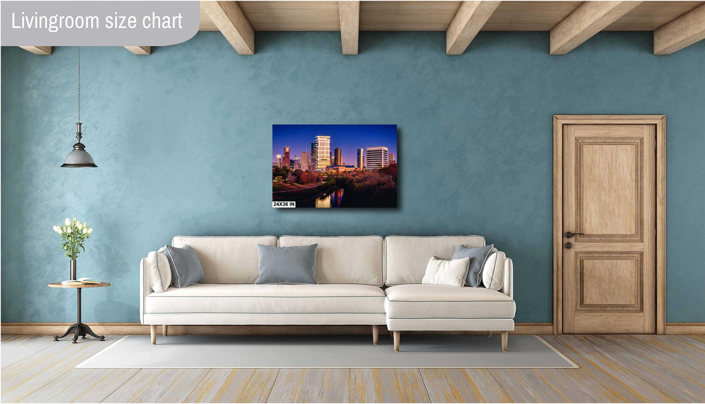 Houston Wall Art - Downtown Skyline on Buffalo Bayou - Wall Art Photography on Premium Photo Paper, Ready-to-Hang Canvas, Acrylic, or Metal