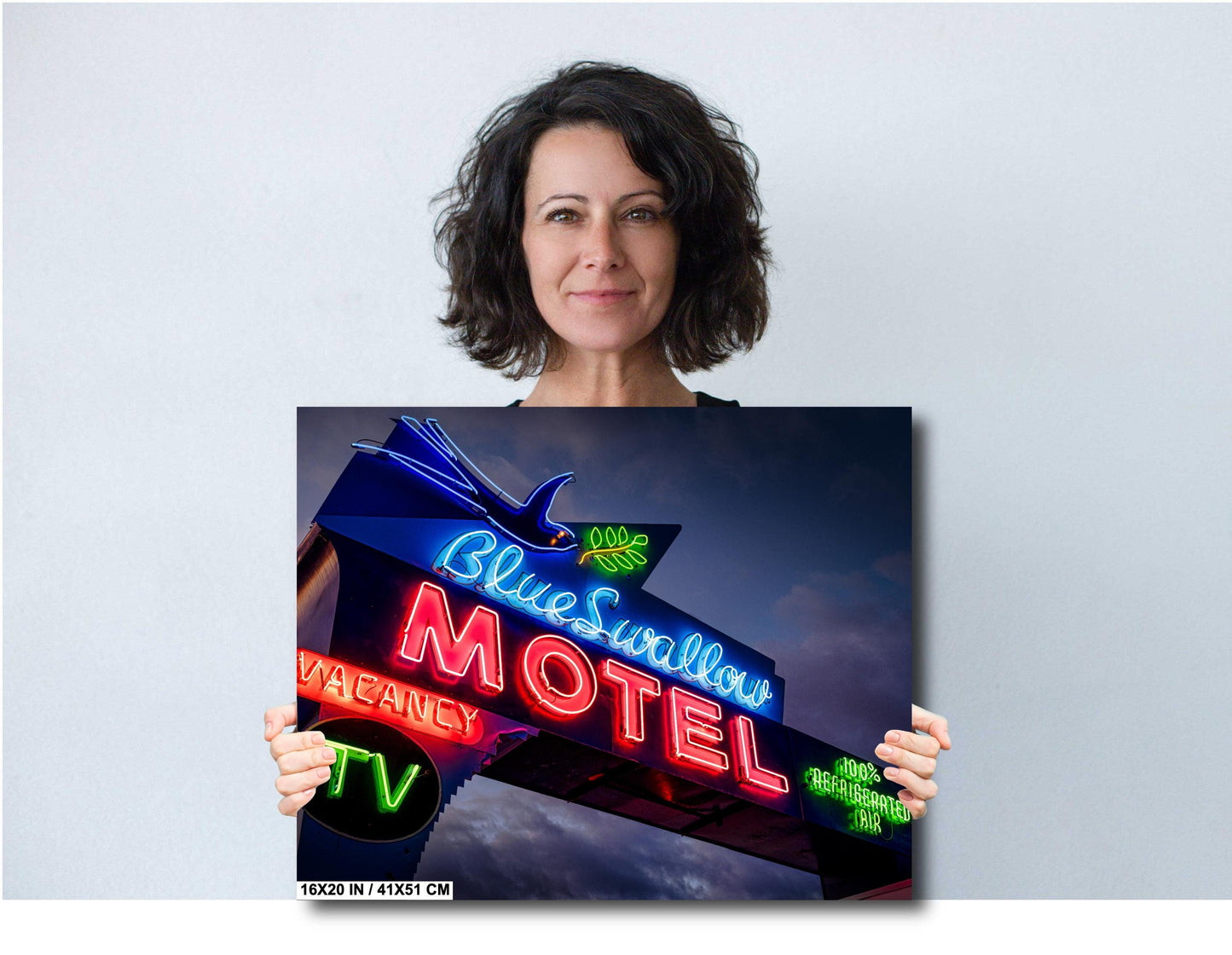 Route 66 Sign - Blue Swallow Motel Neon on Premium Photo Paper, or Ready-to-Hang Canvas, Acrylic, or Metal Decor