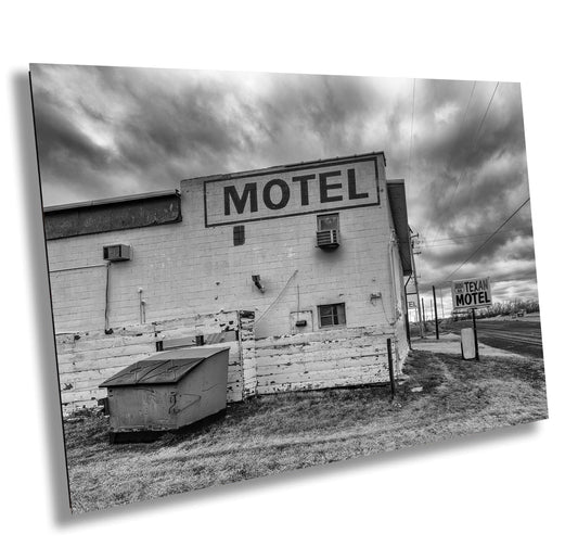 Motel - Black & White Photograph of Route 66 in Shamrock, Texas | Weathered Texan Motel on Photo Paper, Canvas, Acrylic, Metal